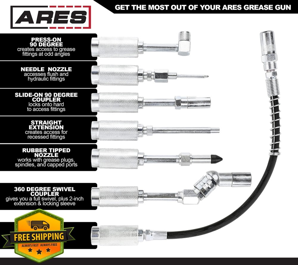 ARES 7pc Grease Gun Accessory Set 10000 PSI Case