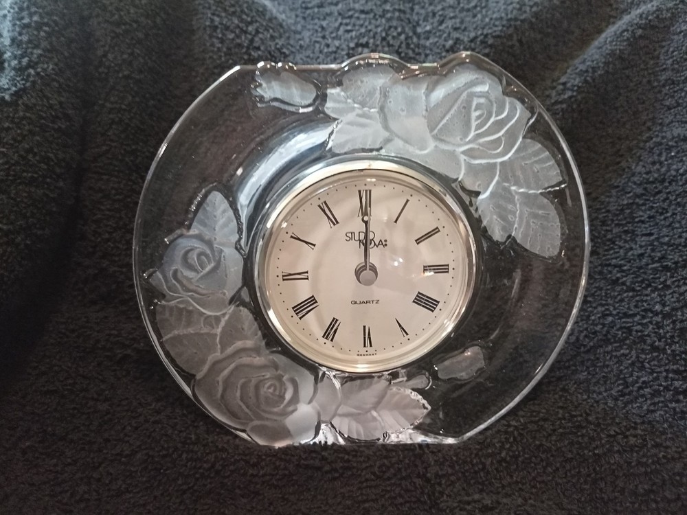 Studio Nova Lead Crystal Table Clock - Rose Pattern - Japan/Germany **NIB**