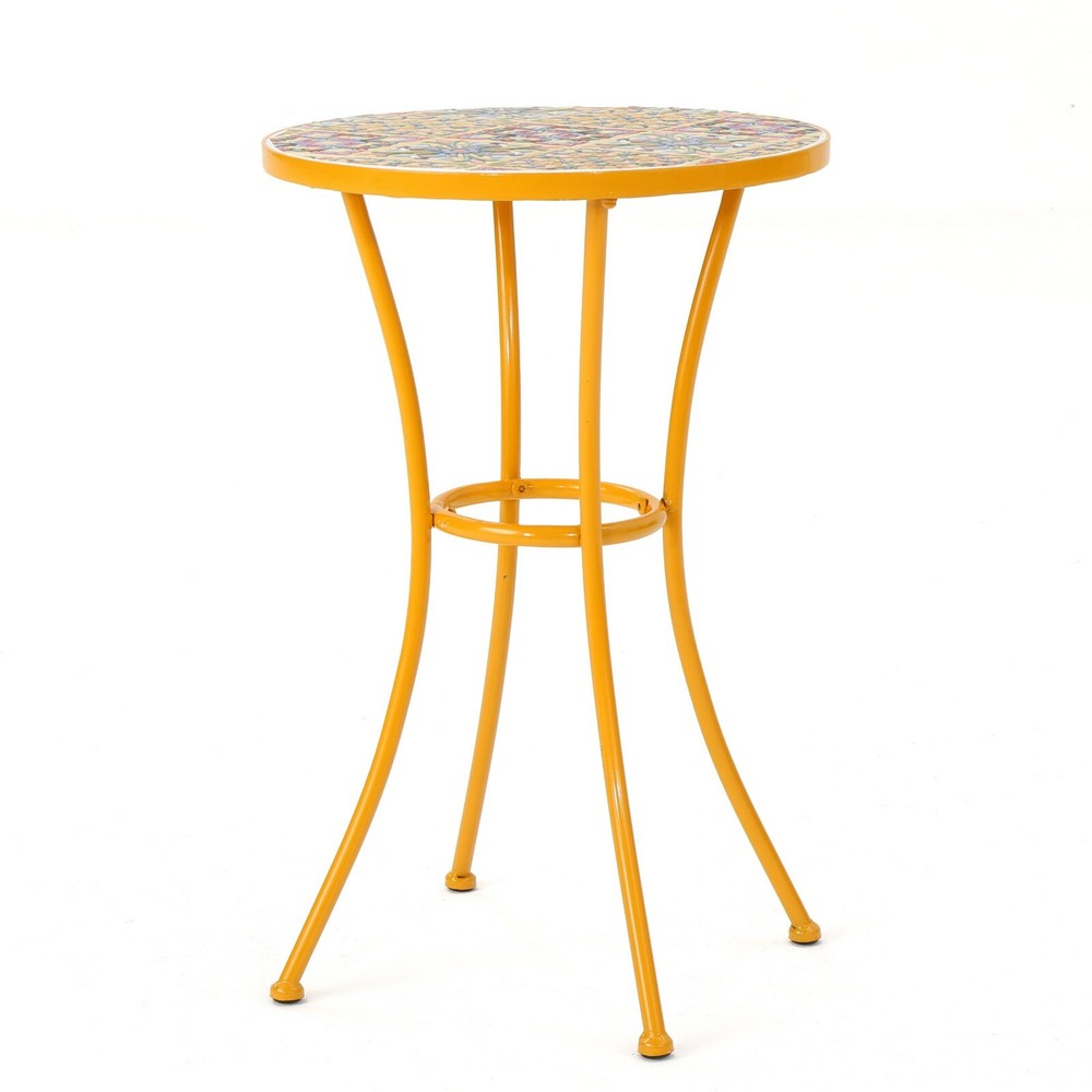 Brienne Outdoor Yellow Ceramic Tile Side Table with Iron Frame