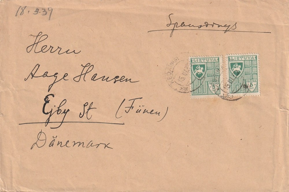 LITHUANIA: Printed matter to Denmark 1939.