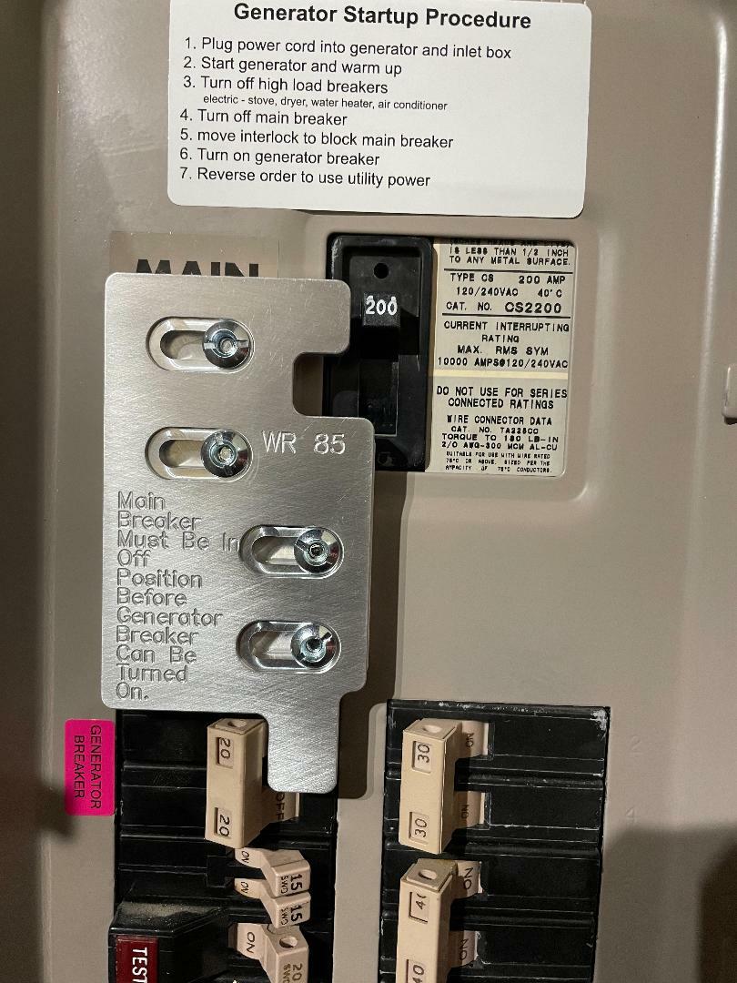 Generator Interlock Kit , Cutler Hammer 200 amp panel W/ vertical main breaker