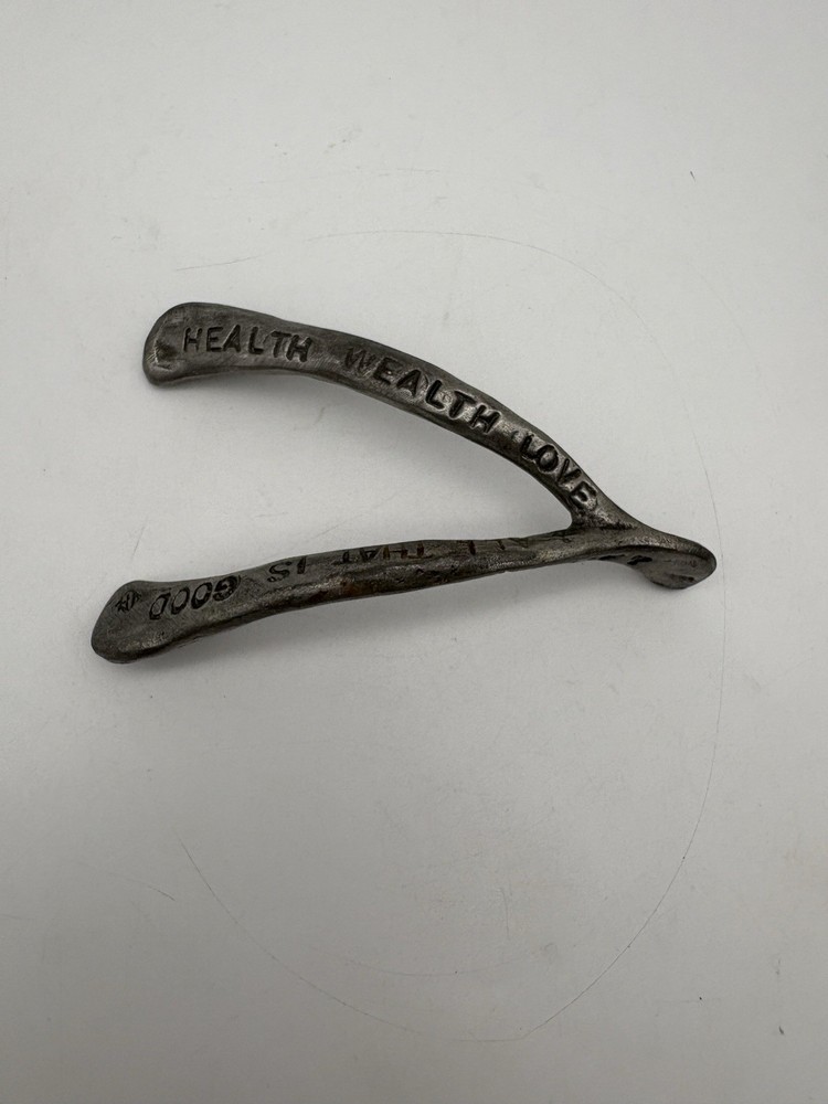 SILVER METAL 4" WISHBONE WITH WISHES ON THE PIECE GOOD FOR LUCK MARKED