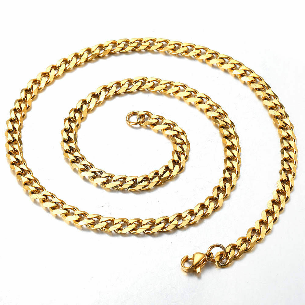 16"-36" Stainless Steel Chain Mens Necklace Gold Plated Curb Cuban 3/5/7/9/11mm
