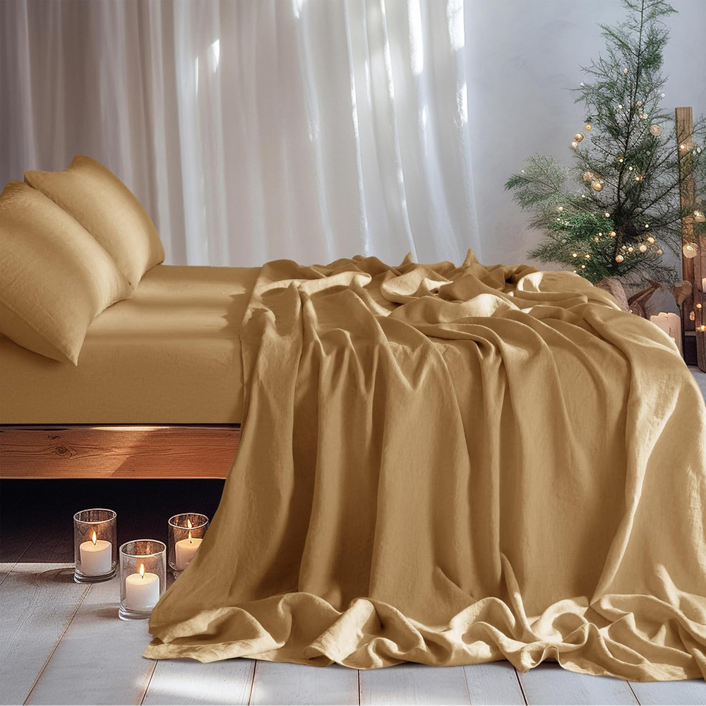 LBR02M 100% Linen Sheet Set King Size,Bed Sheets 4 Piece Sets,Solid Color Natura