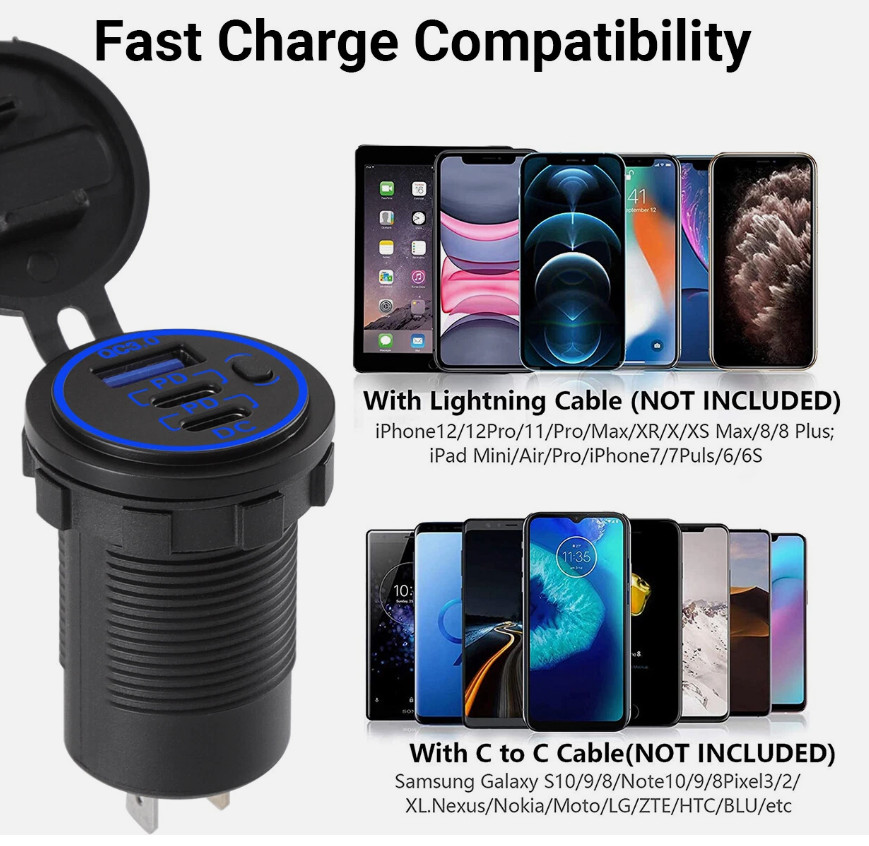 12V-24V QC3.0 + PD USB C Car Fast Charger Power Socket Outlet for Boat RV Marine