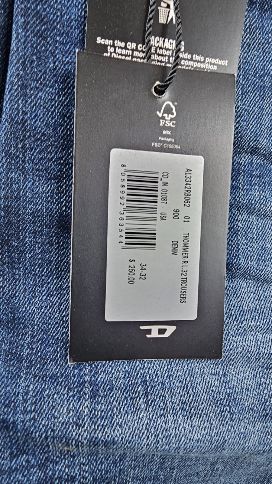 Diesel Thommer-R Slim Fit Jeans Mens 34x32 Mid Blue Denim RB062 MSRP$250