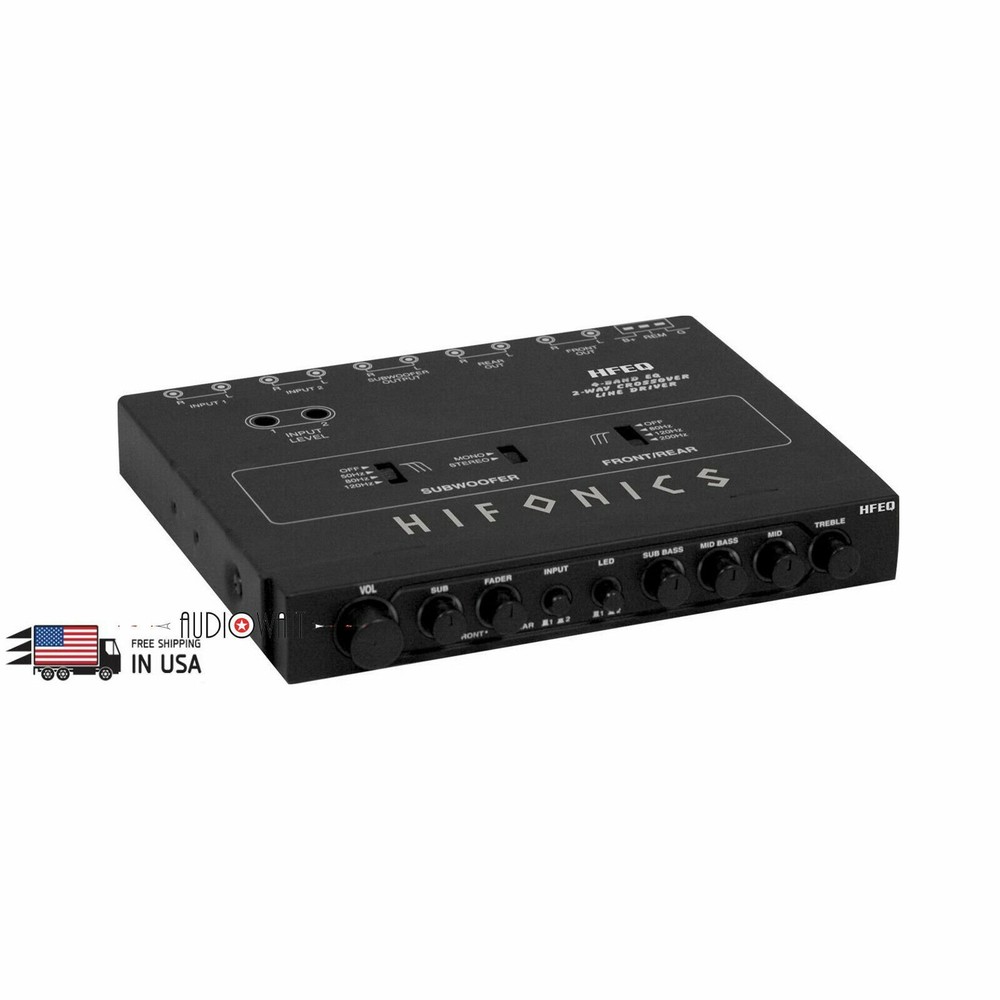 HIFONICS HFEQ 4-BAND EQ 9V 1/2 DIN LINE-DRIVER MULTIPLE SOURCE SIGNAL PROCESSOR