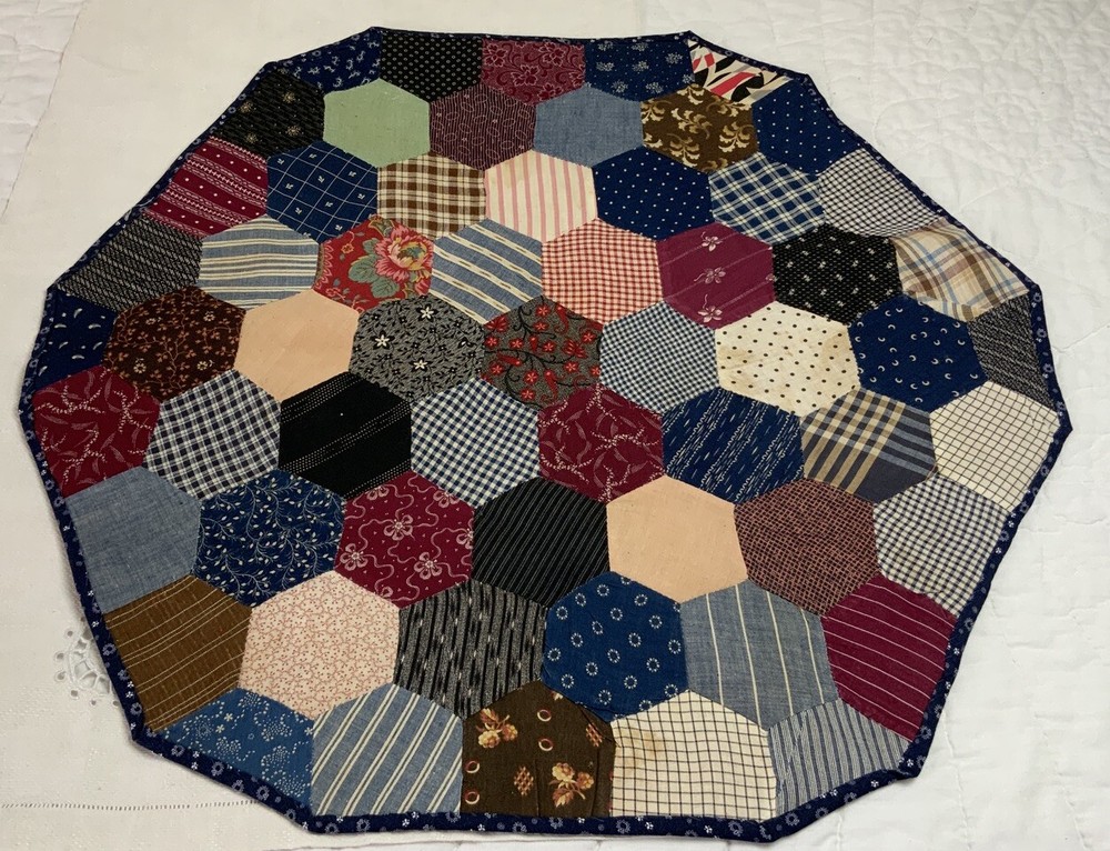 Antique Patchwork Quilt Table Topper, Octagons, Early Calico Prints, Navy, Multi