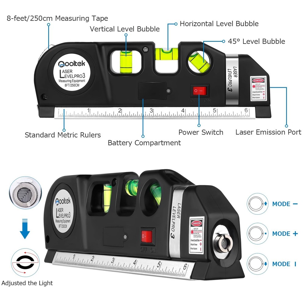 Laser Level Multi Tool, Multipurpose Cross Line leveler Kit Tools Black