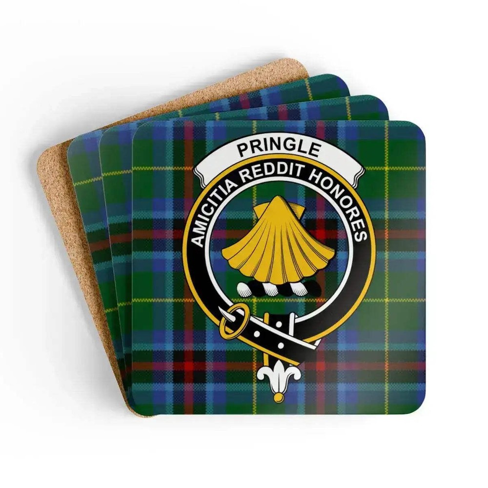 Pringle Clan Crest Scottish Tartan Coaster Set