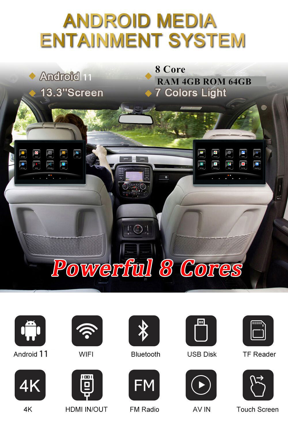 Android 11 Headrest Monitor WIFI Car TV Player Bluetooth Rear Seat Entertainment