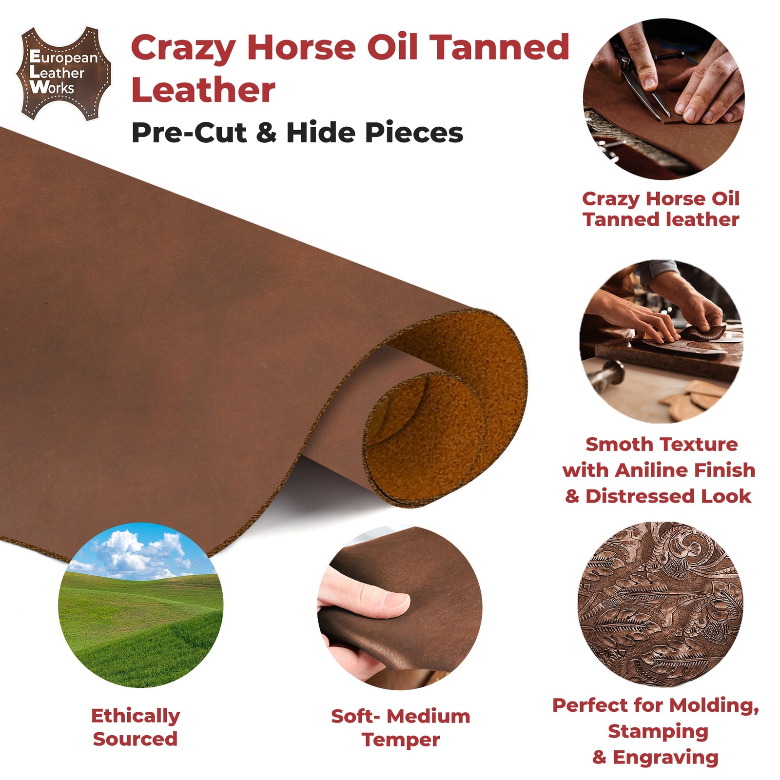 ELW Crazy Horse Leather 5-6 OZ (2-2.4mm) Full Grain Cowhide Handmade Leather