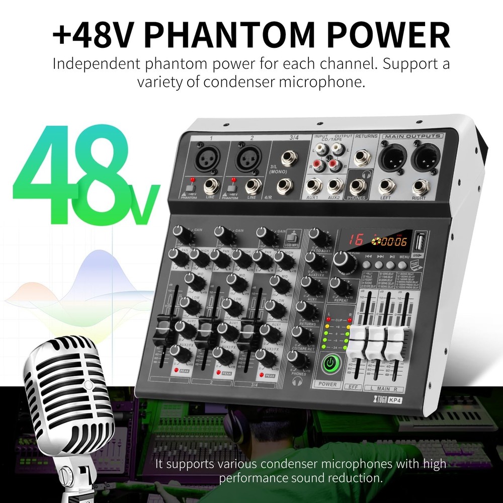 XTUGA KP4 4 Channel Audio Mixer, 16-Bit DSP Effect USB Audio Interface Effect...