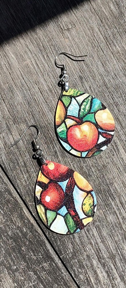 Fun Fall Apple Earrings, simple teardrop earrings with apple pattern, dangle
