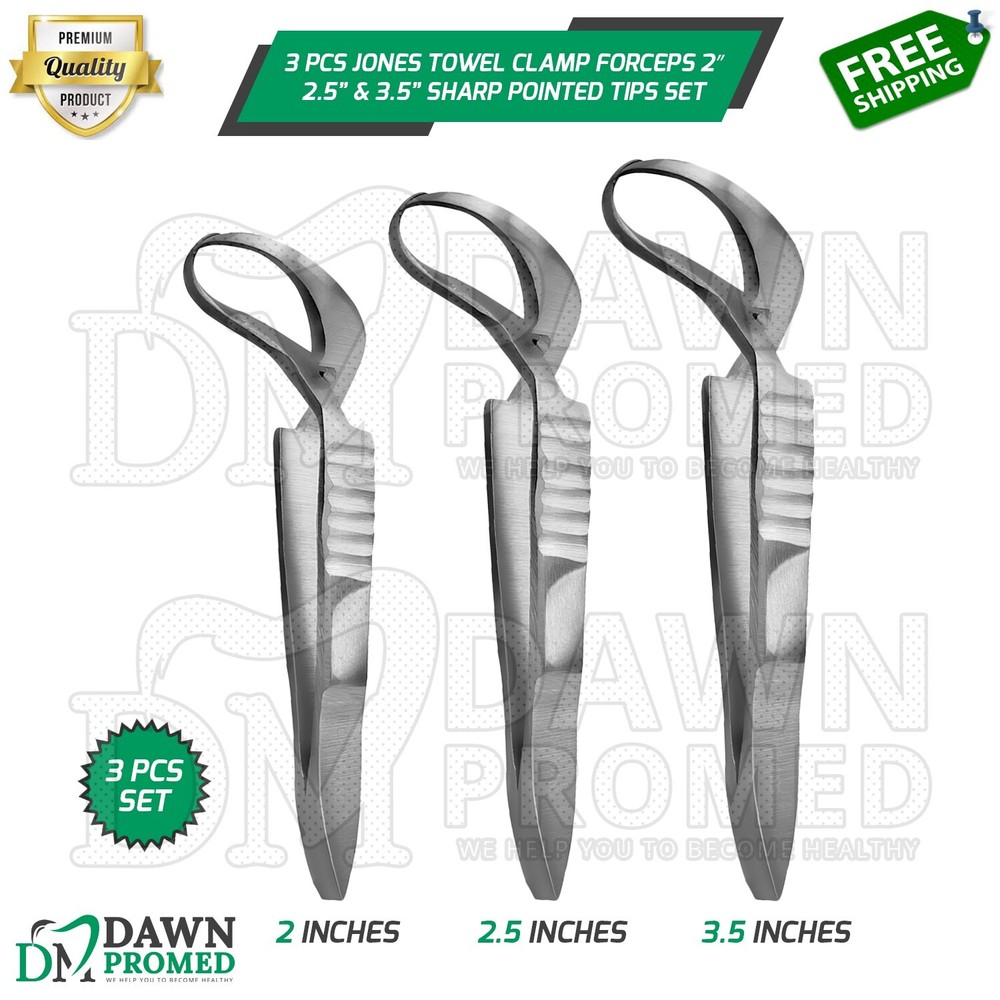 3 Pcs Jones Towel Clamp Forceps 2" 2.5" & 3.5″ Sharp Pointed Tips Veterinary Set