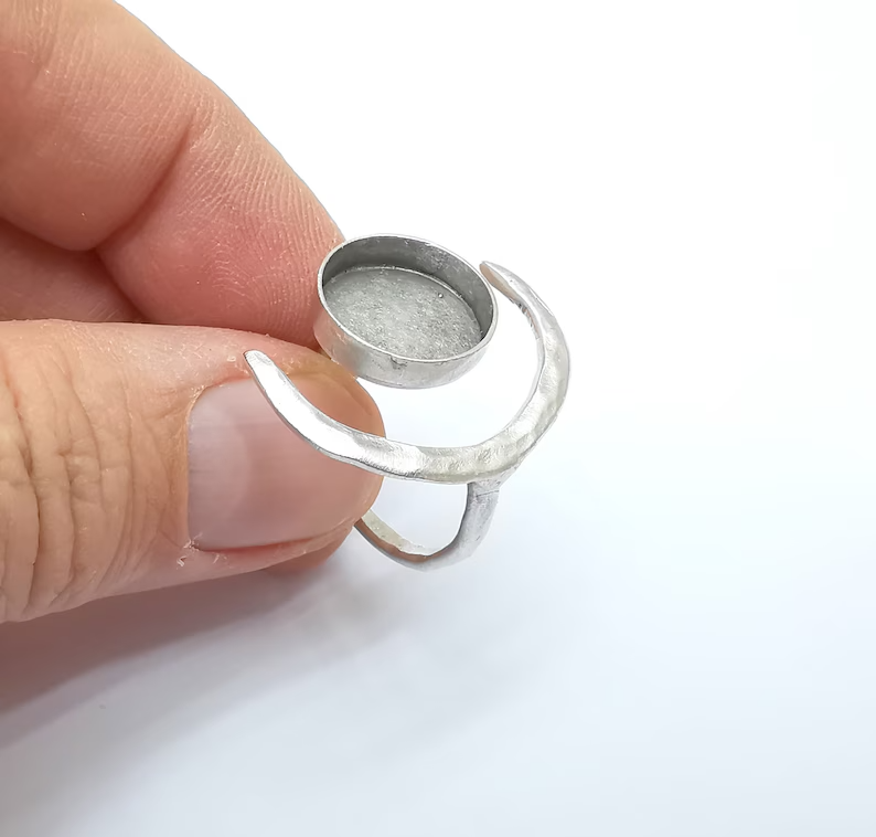 Crescent Moon Silver Ring Blank Base Bezel Settings Cabochon Base 14mm G34955