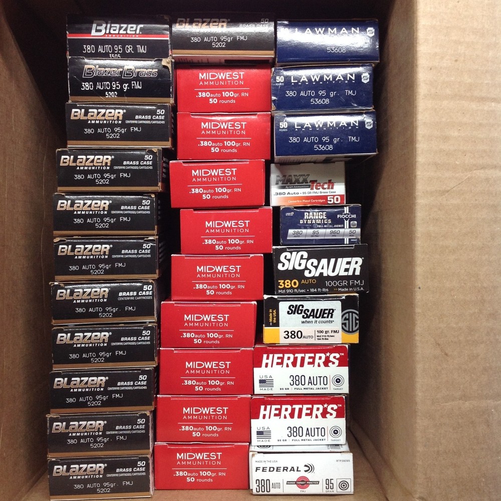 .380 Auto, used, empty ammo boxes with trays.