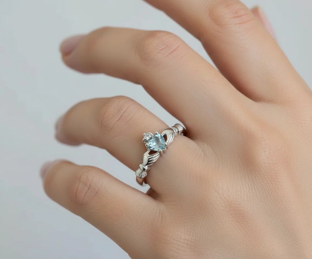 Sterling Silver Claddagh Aquamarine Ring