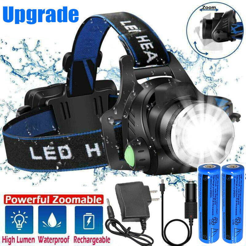 99000000LM Super Bright Zoom Headlamp Powerful Rechargeable Headlight Flashlight