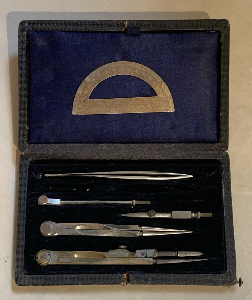 Vintage 6 Piece Drafting Tool Set In Original Felt Lined Case