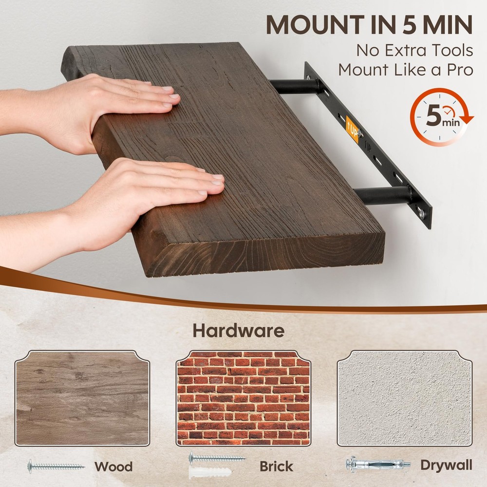 48" Rustic Elm Floating Shelves - Solid Wood Live Edge with Invisible Bracket...