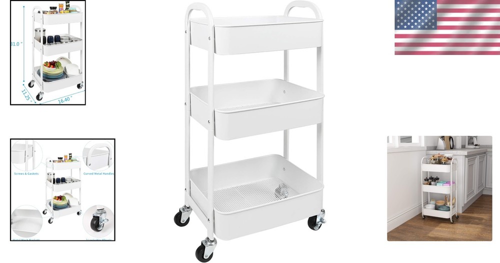 Versatile Rolling Utility Cart - 3-Tier Design with Wheels for Kitchen & Bath