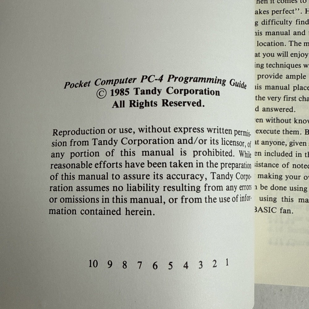 Vintage TANDY Pocket Computer PC-4 Programming Guide 26-3650B