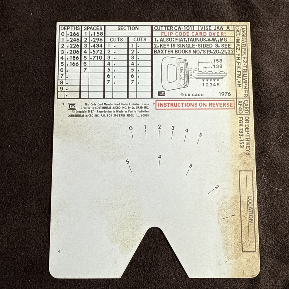 HPC FX40 Code Card HPC CODE MACHINE CODE CARD XF40 Locksmith