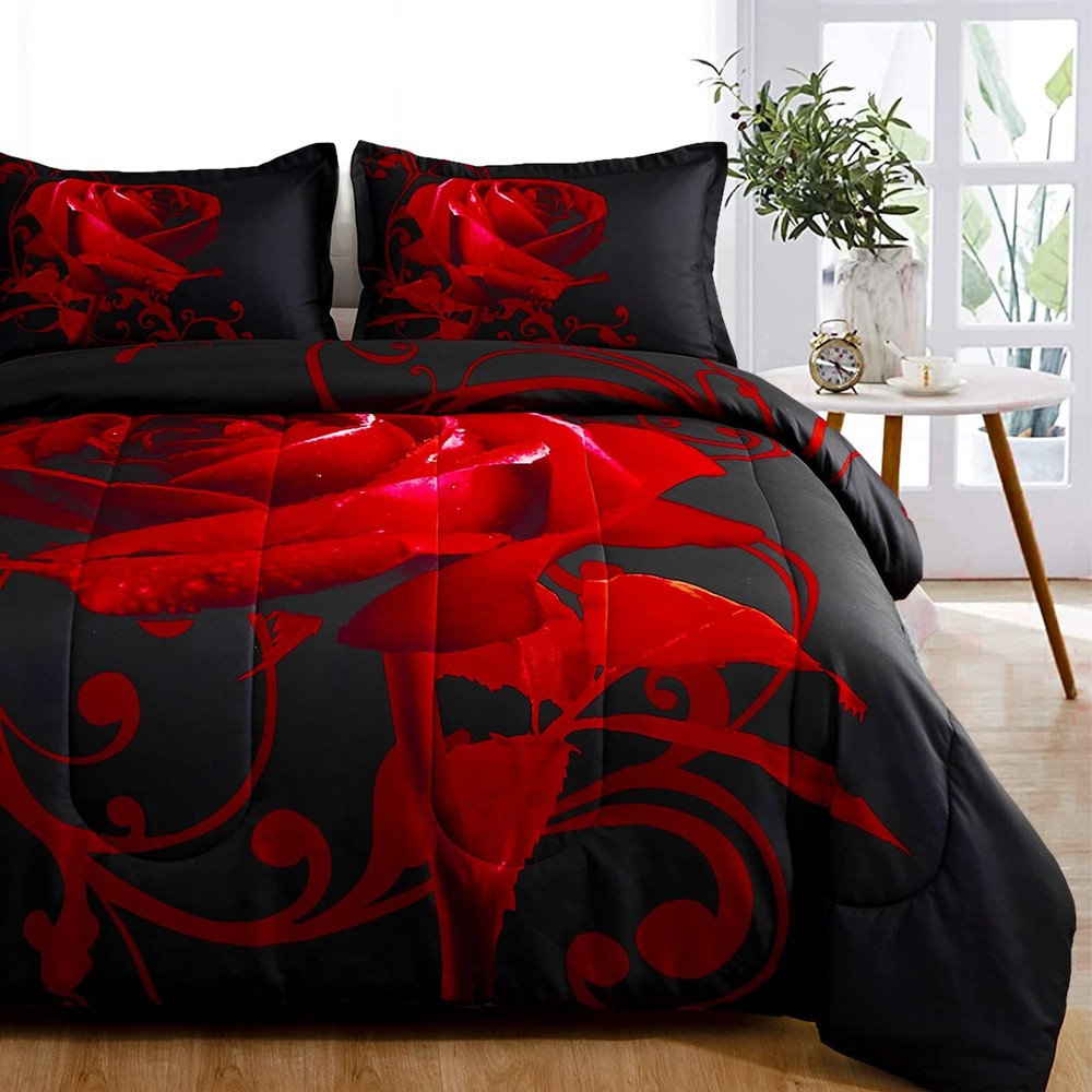 WONGS BEDDING Red Comforter Set King Reversible Red Rose Pattern Printed Bedd...
