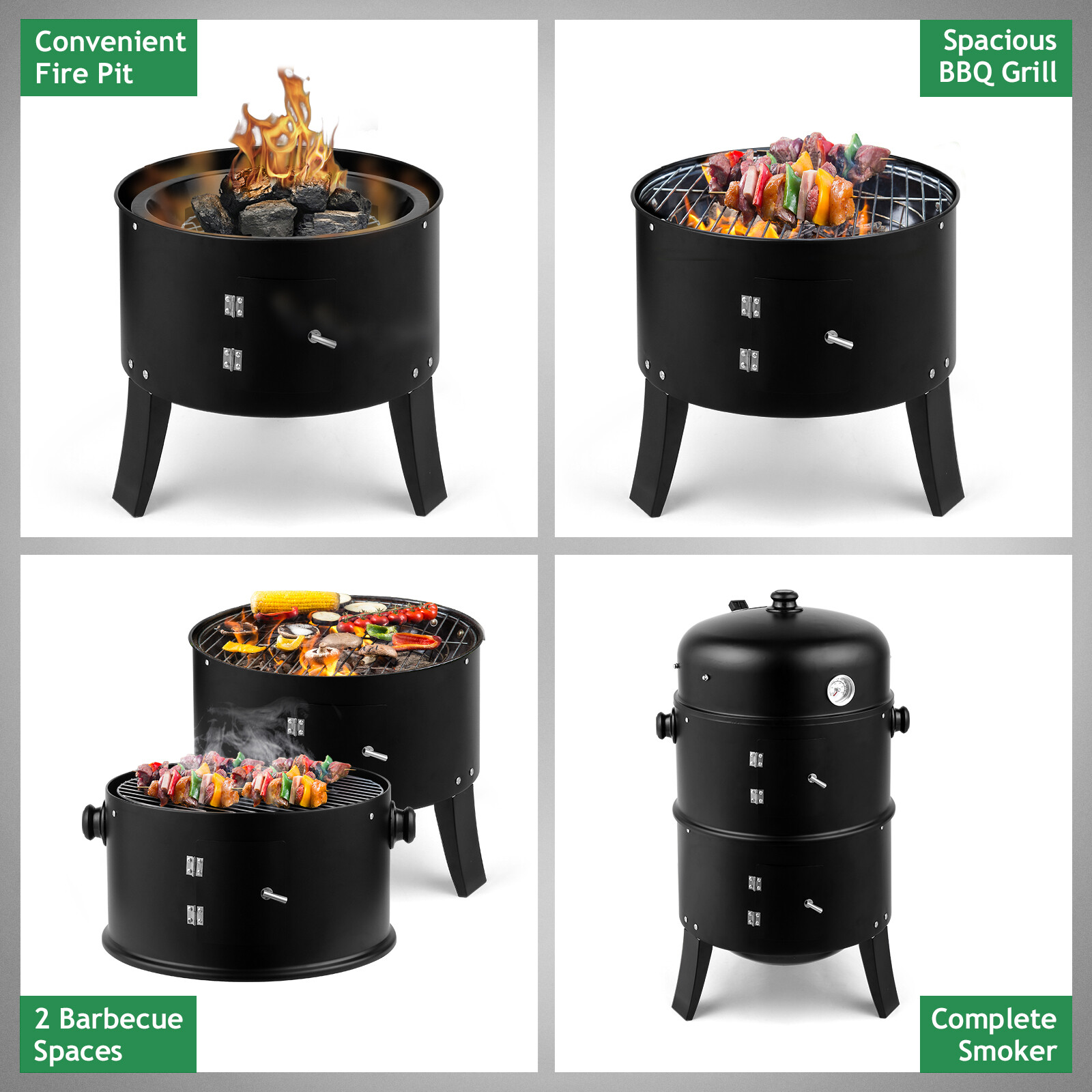 Charcoal Smoker BBQ Grill 3in1 Outdoor Vertical Smokers Portable Meat Cooker