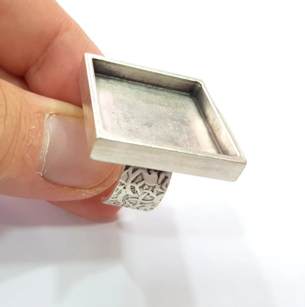 Square Ring Blank Setting Cabochon Base inlay Bezel Adjustable Antique Silver