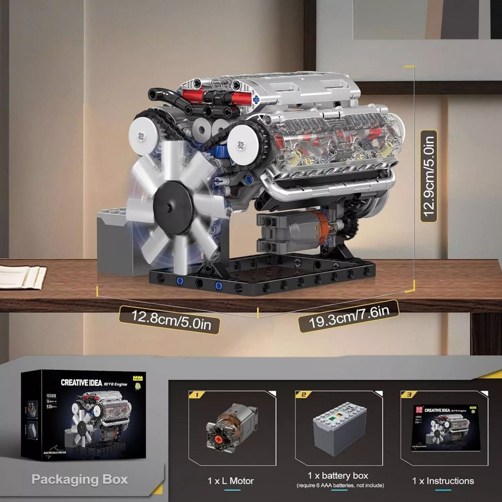 Visible V8 Engine Motor Engineering Model Building Stacking Blocks Gift New