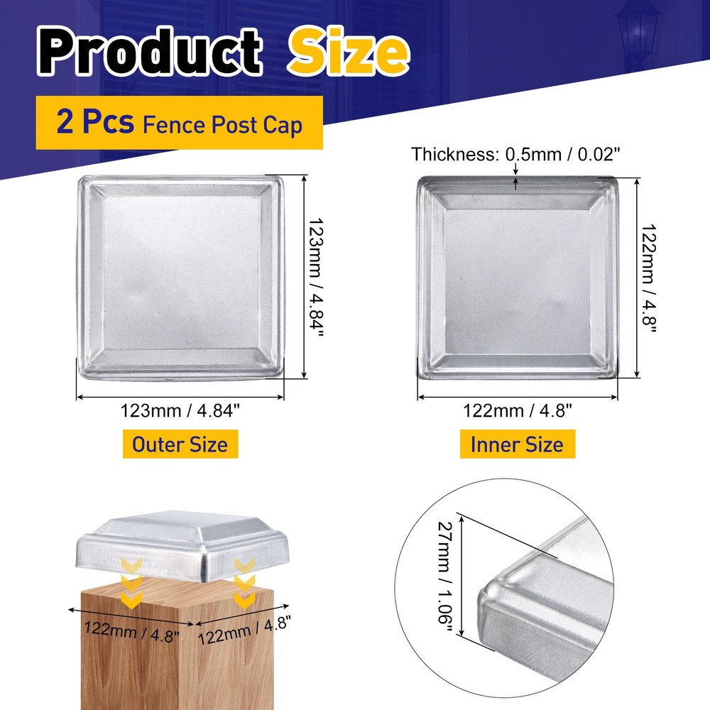 2Pcs Fence Post Cap, Galvanized Deck Post Caps Fit 4.8" x 4.8" Pipe, Silver