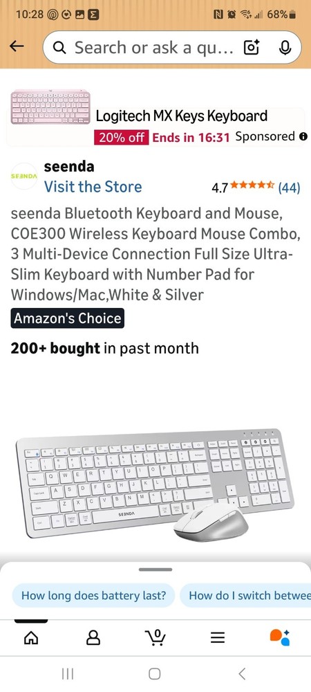 Seenda COE300 Wireless Bluetooth Keyboard Mouse Combo White Silver Slim