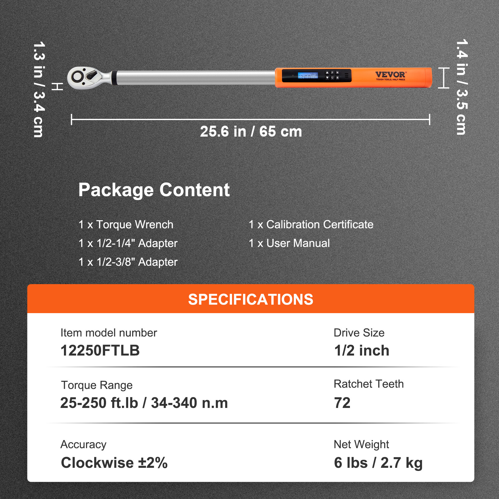 VEVOR Digital Torque Wrench Adjustable Torque Wrench 1/2" Drive 25-250 ft.lb