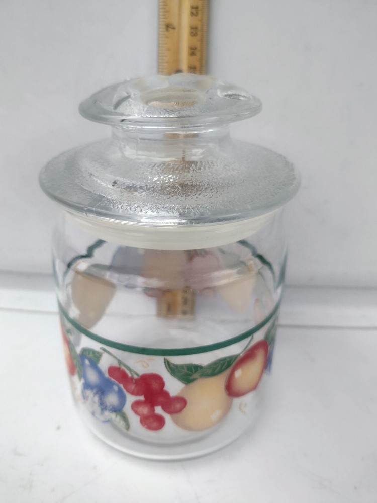 Covered Glass Candy Jar W/Removable Lid Fruit Design Pattern