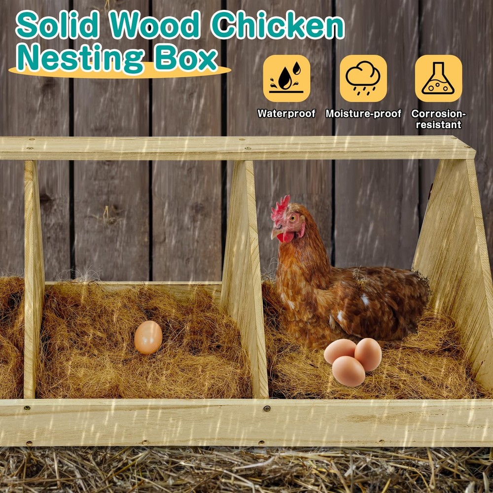 Chicken Nesting Boxes, 3 Compartment Wooden Chicken Laying Boxes, Nesting Box...