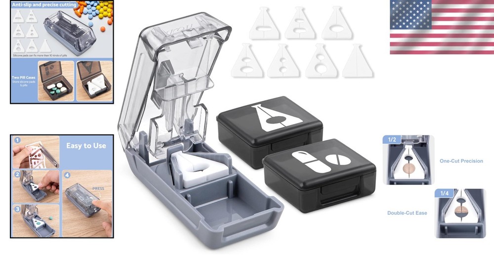 Compact Pill Splitter with Sharp Blade & 2 Large Organizers - Safe & Easy to Use