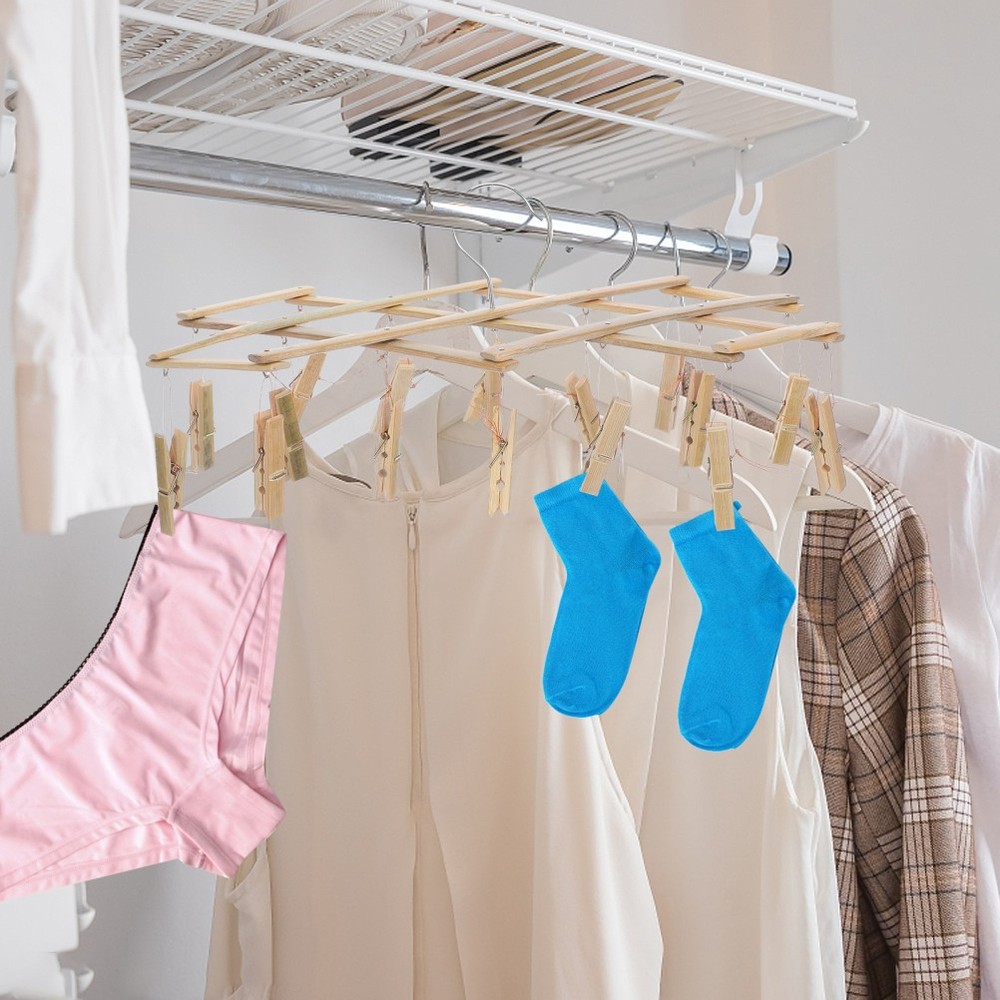 Bamboo Laundry Drying Rack With Windproof Clothespin Hooks