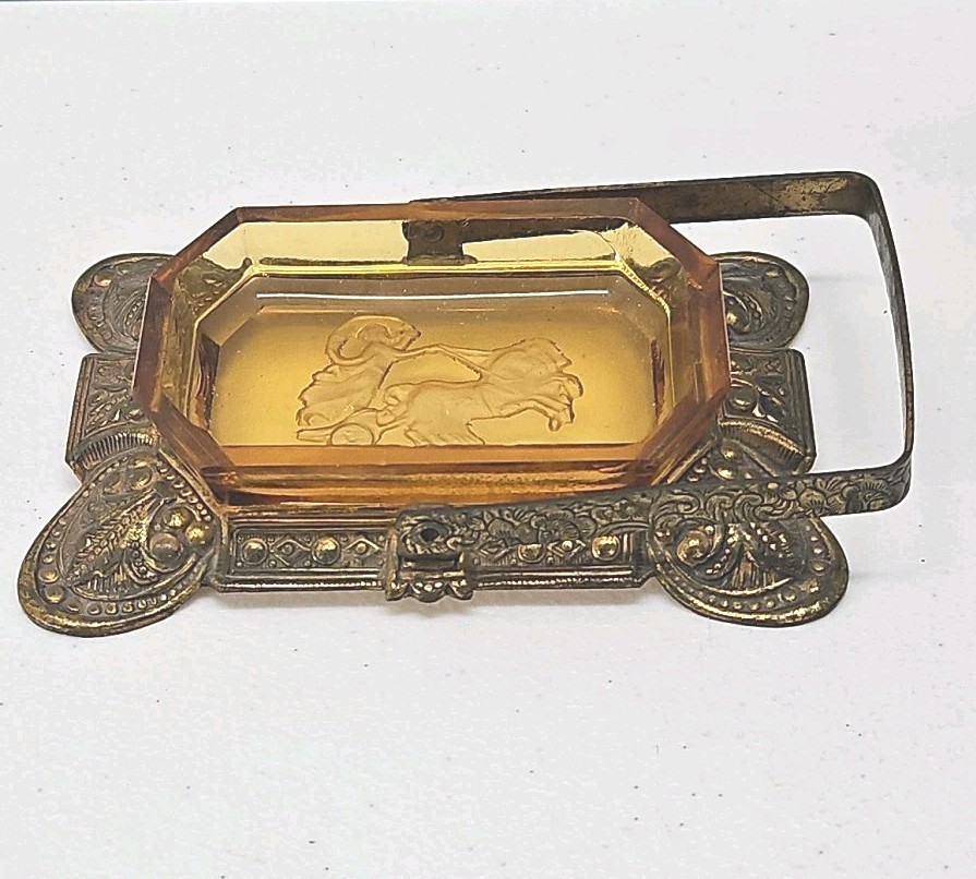 Antique Czech Amber Glass Salt Cellar Intaglio Design Ornate Brass Holder RARE
