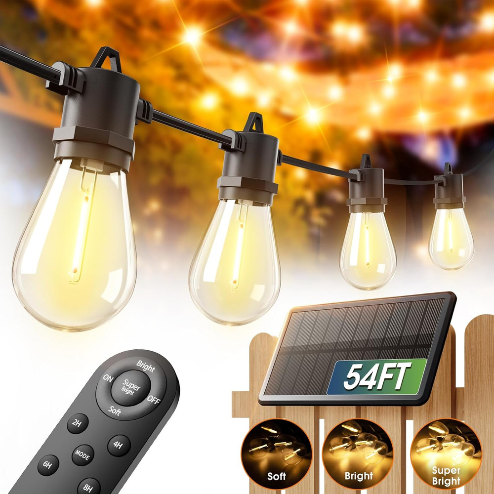 54FT Solar String Lights with USB & Remote - Waterproof Dimmable LED Bulbs