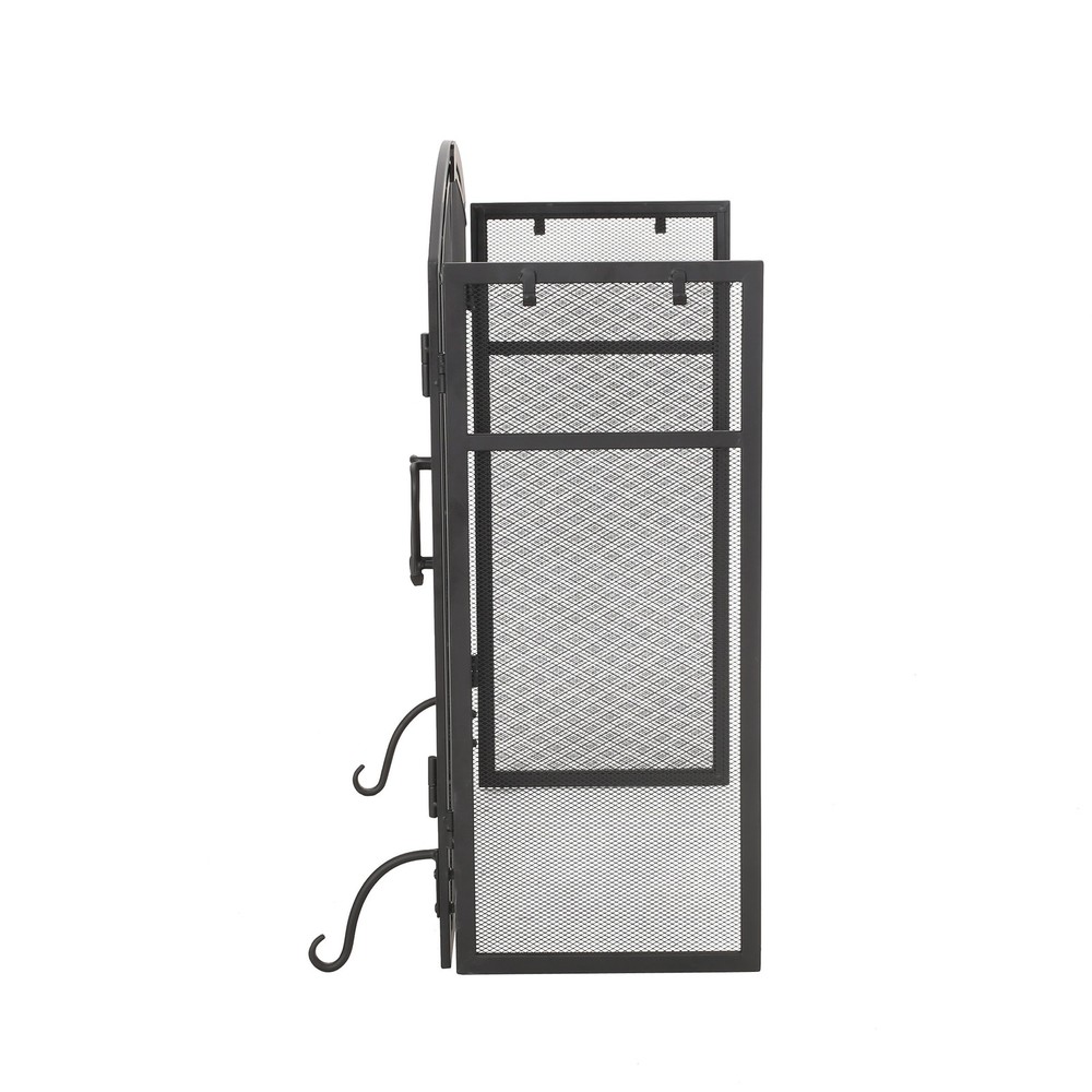 Modern 3 Panel Iron Folding Fireplace Screen with Doors and Tools Matte Black