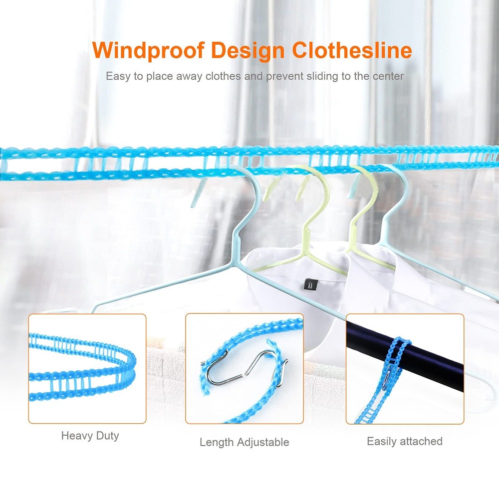 Windproof Clothes Line 2 Pack Blue Nylon 16.4 feet Hooks Retractable Camping