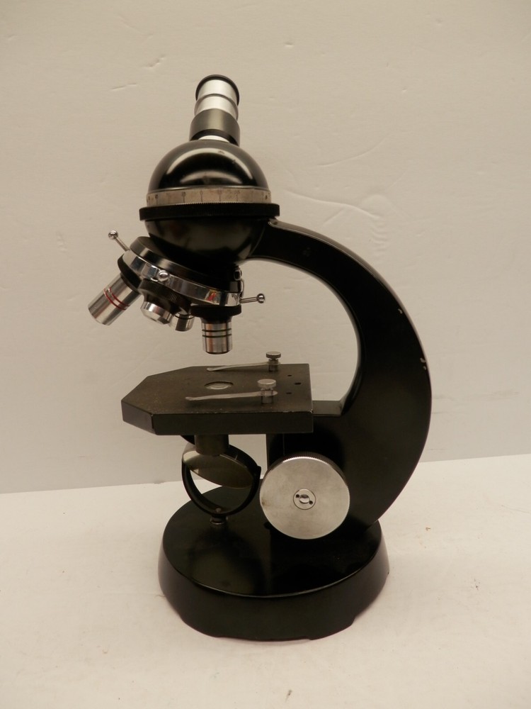 Vintage HEAVY Microscope w/Locking Wooden Box & Slides Kit