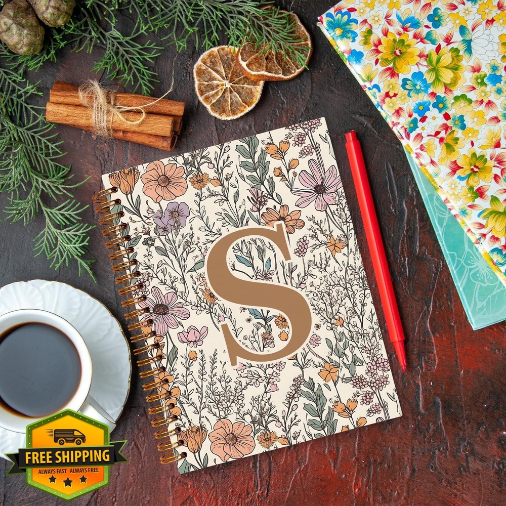JXREQ Boho Floral Notebook, Initial S Monogram Spiral Journal