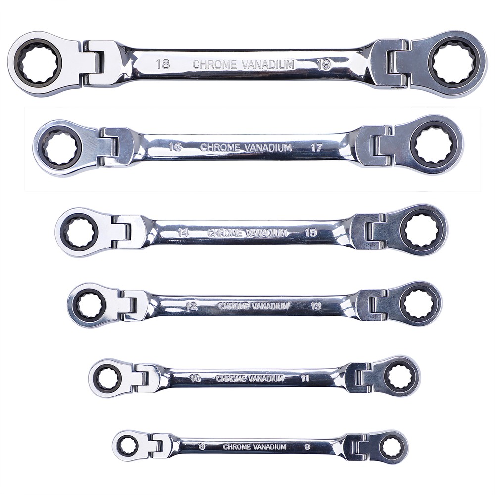 Heavy Duty 6 Double Box End Ratcheting Wrench Flex-Head Extra Long Spanner Set
