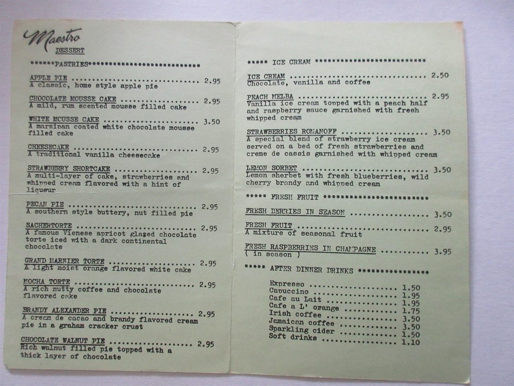 Maestro vintage Dessert Menu