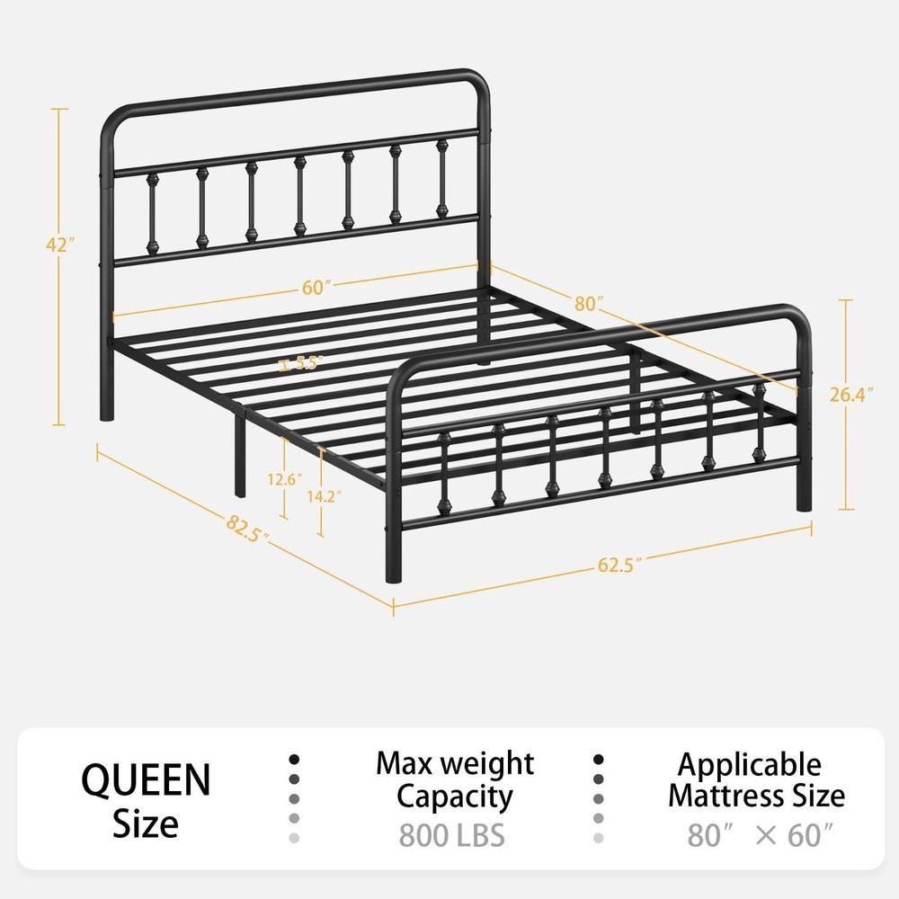 Black Metal Queen Bed Frame with High Headboard, Support, Ample Storage Space,