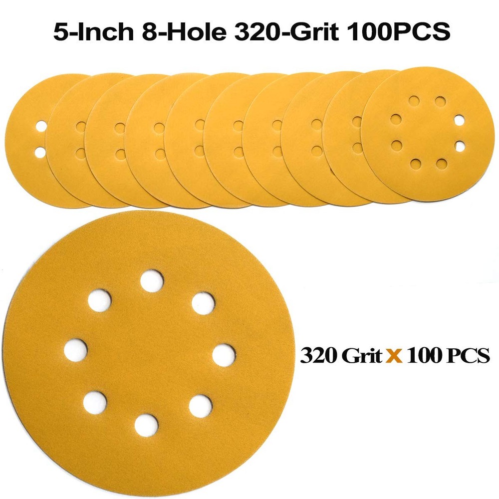100PCS 5 inch Sanding Discs 320 Grit Hook Loop 8-Hole Sandpaper Hook and Loop