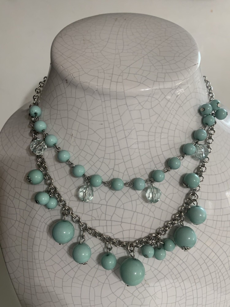 Necklace Layered Silver Tone Aqua Bead layer stack adjustable up to 17” costume